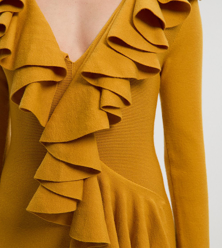 Compact Wool Look Ruffle V-Neck Midi Dress