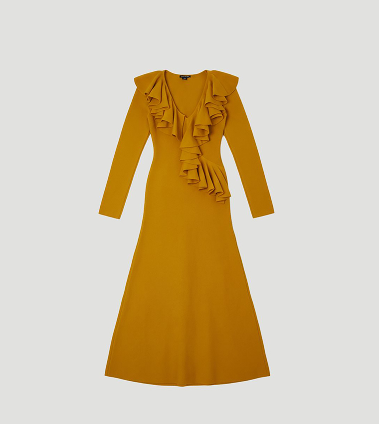 Compact Wool Look Ruffle V-Neck Midi Dress