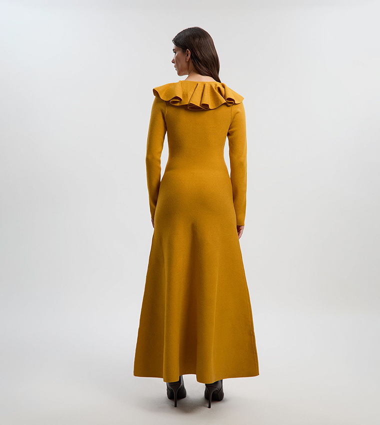 Compact Wool Look Ruffle V-Neck Midi Dress