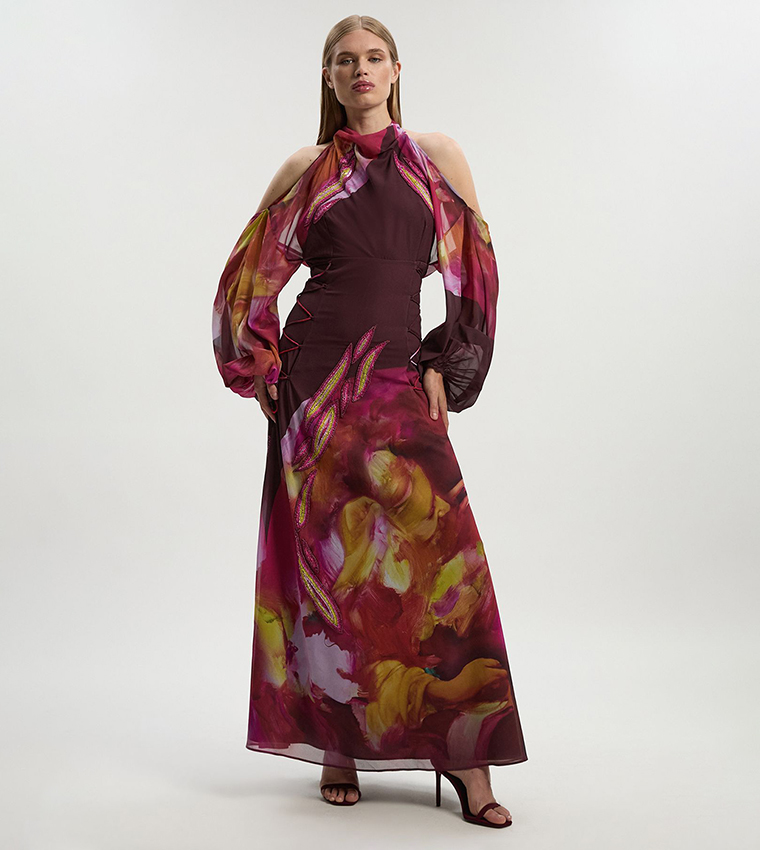 فستان ماكسي بأكتاف مكشوفة للمقاسات الصغيرة 