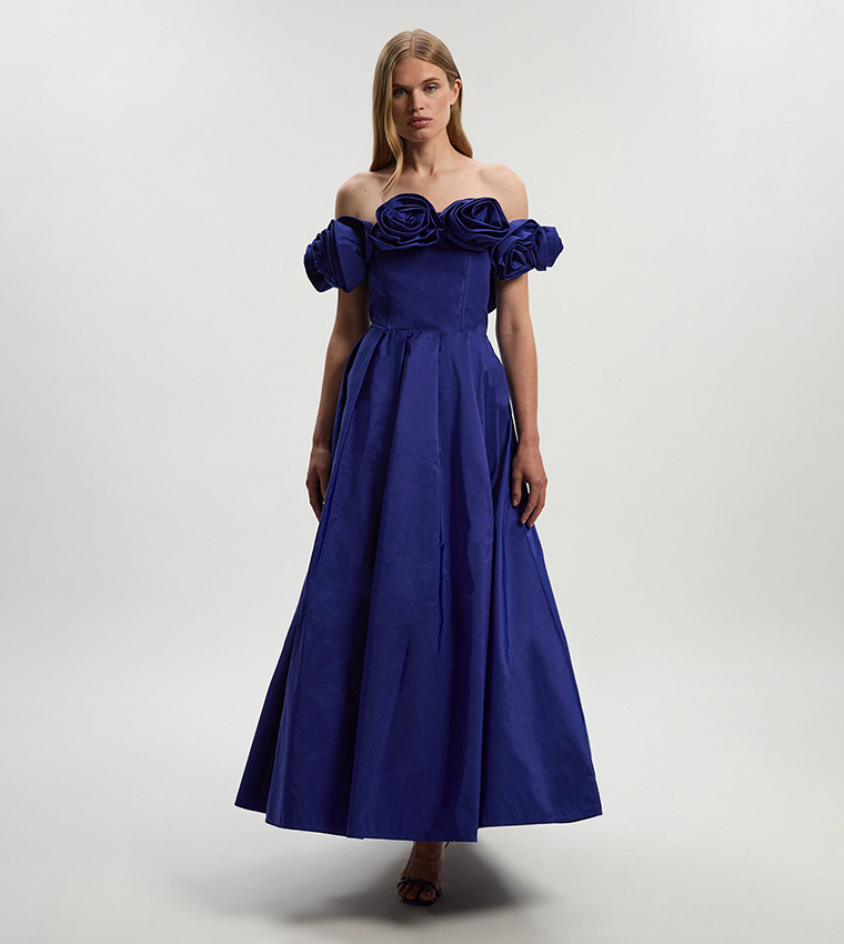 Petite Drama Taffeta Rosette Prom Maxi Dress