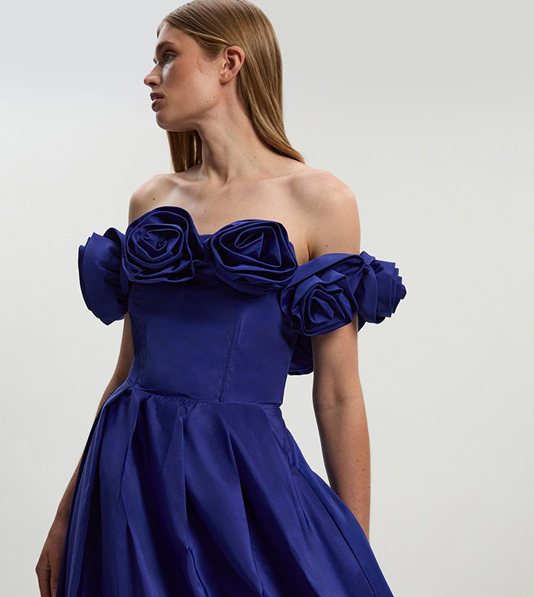 Petite Drama Taffeta Rosette Prom Maxi Dress