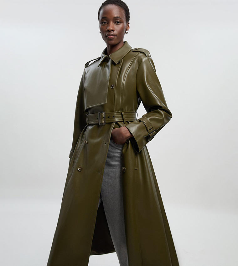 Faux Leather Belted Trench Coat