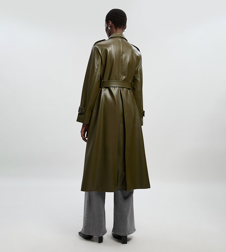Faux Leather Belted Trench Coat