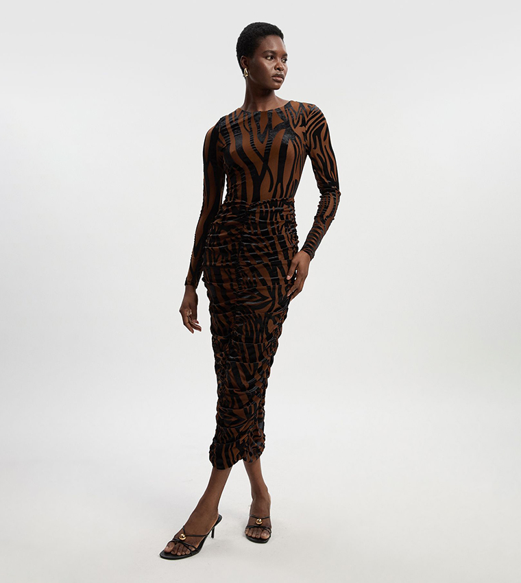 Buy Karen Millen Animal Print Stretch Velvet Devore Midi Dress In Orange |  6thStreet Qatar