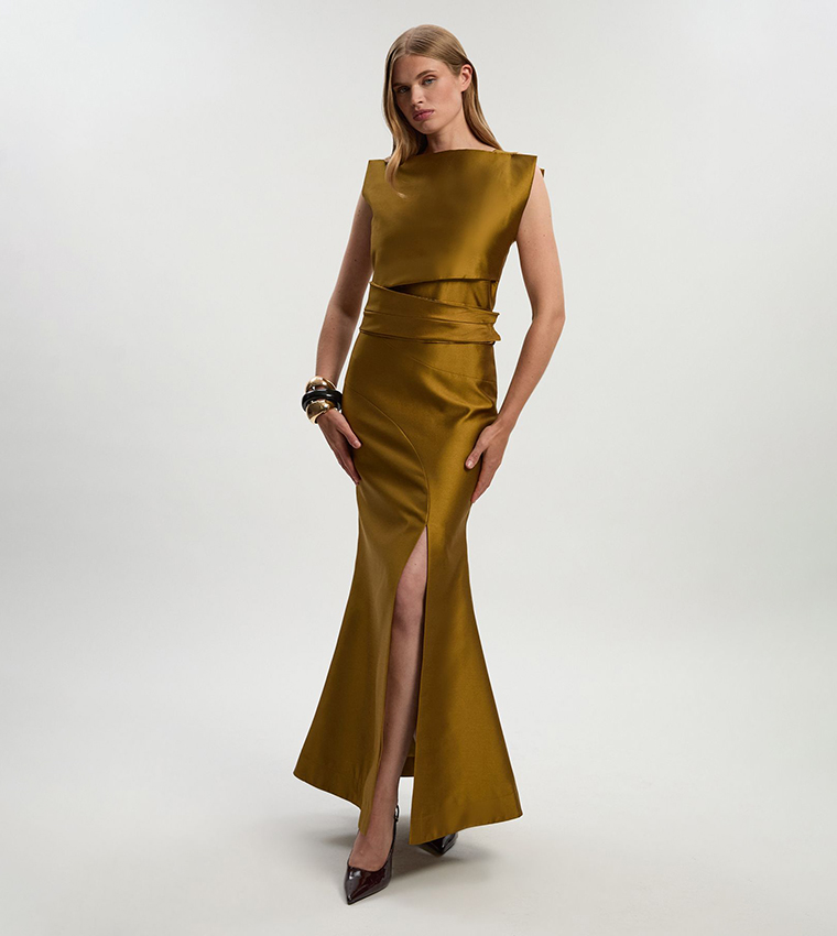 Buy Karen Millen Satin Twill Draped Waist Structured Tailored Maxi Dress In Green | 6thStreet Kuwait Buy Karen Millen Satin Twill Draped Waist Structured Tailored Maxi Dress In Green | 6thStreet Kuwait