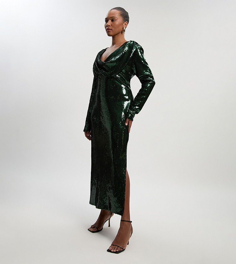 Buy Karen Millen Curve Size Sequined Cowl Neck Long Sleeves Midi Dress In Green | 6thStreet Bahrain Buy Karen Millen Curve Size Sequined Cowl Neck Long Sleeves Midi Dress In Green | 6thStreet Bahrain