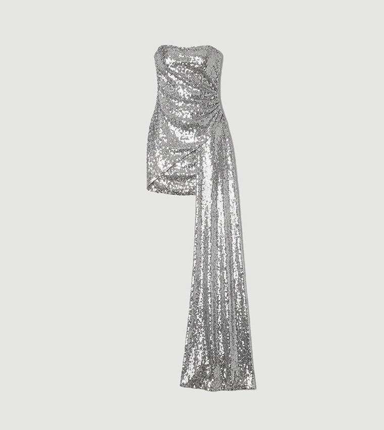 Sequined Bandeau Train Detail Mini Party Dress