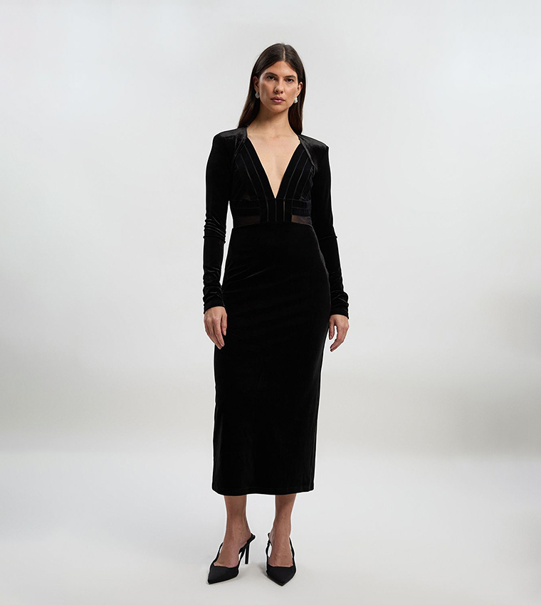 Velvet Taping Detail Mesh Plunge Neck Cut Out Back Midi Dress