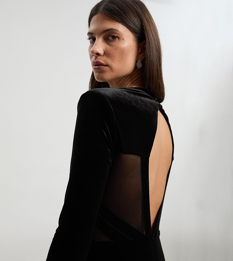 Velvet Taping Detail Mesh Plunge Neck Cut Out Back Midi Dress