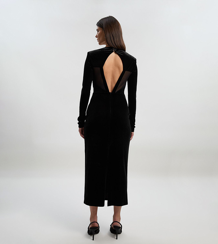 Velvet Taping Detail Mesh Plunge Neck Cut Out Back Midi Dress