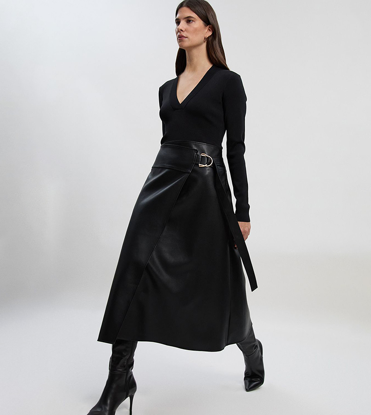 Figure Form PU Mix Tab Detail Pleated Knit Midi Dress