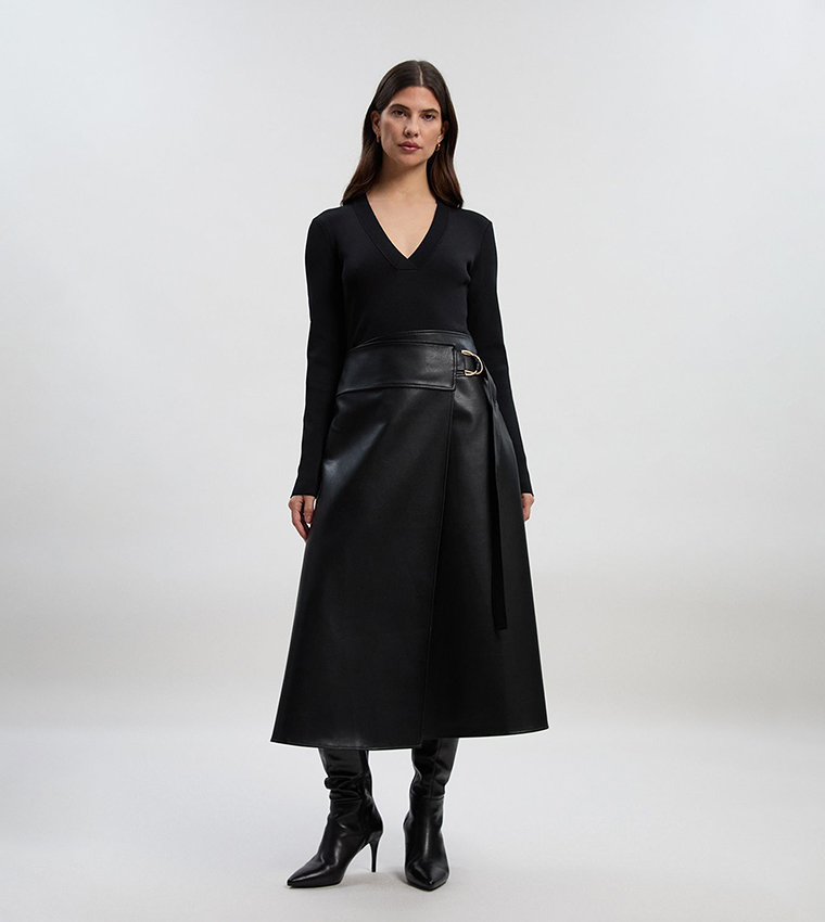 Figure Form PU Mix Tab Detail Pleated Knit Midi Dress