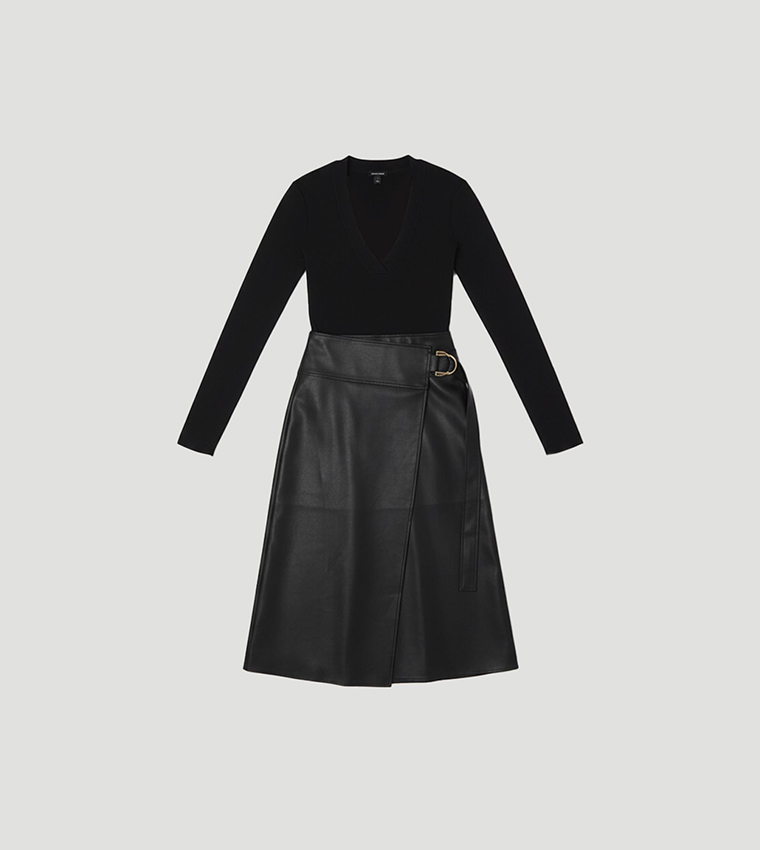 Figure Form PU Mix Tab Detail Pleated Knit Midi Dress