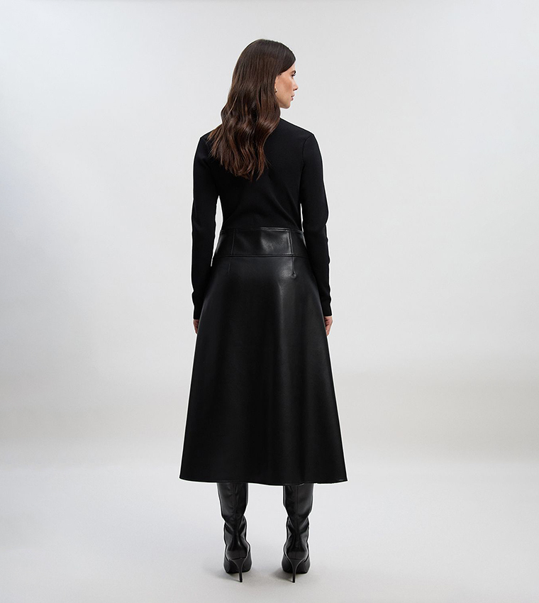 Figure Form PU Mix Tab Detail Pleated Knit Midi Dress