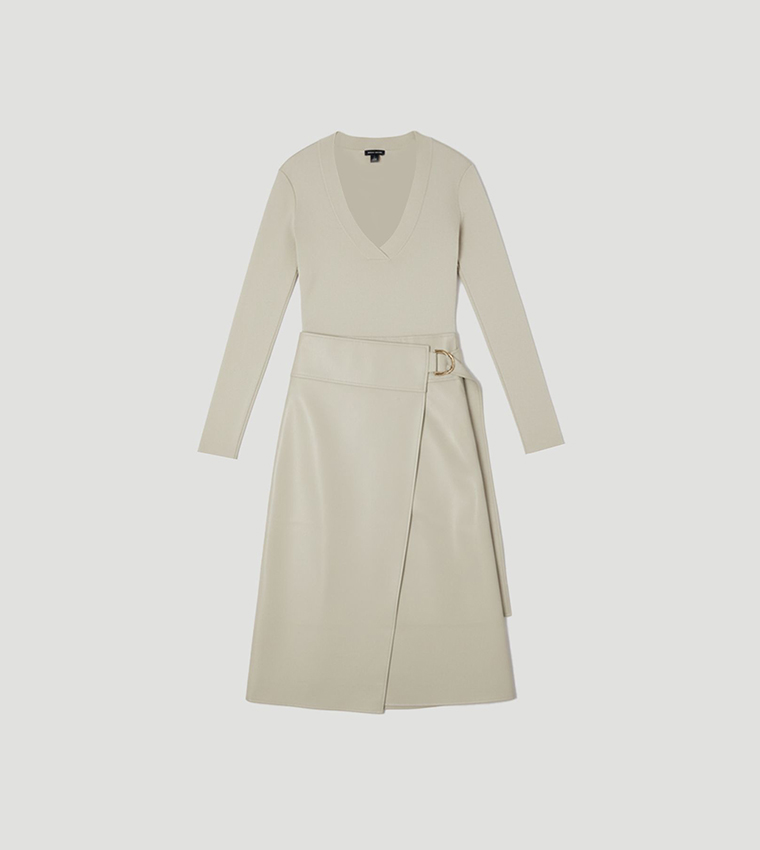 Figure Form PU Mix Tab Detail Pleated Knit Midi Dress