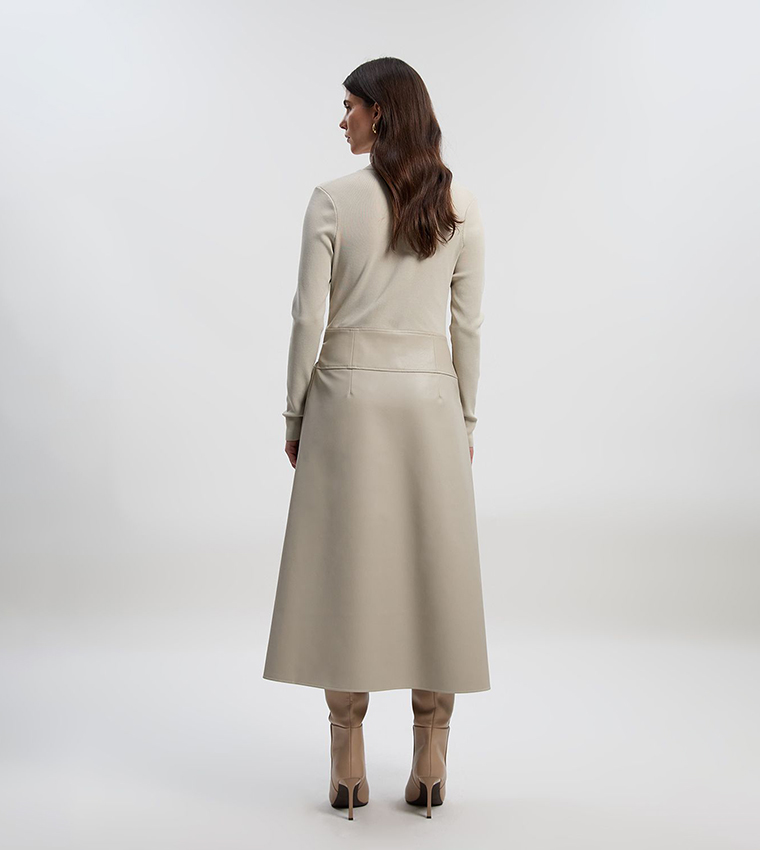 Figure Form PU Mix Tab Detail Pleated Knit Midi Dress