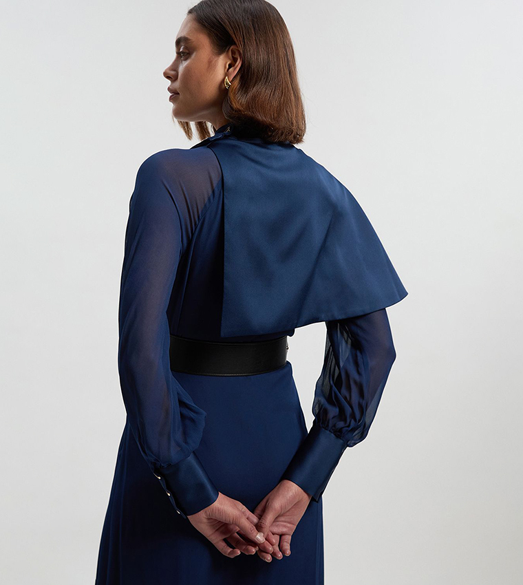 Military Sheer Cape Detail Woven Midi Dress