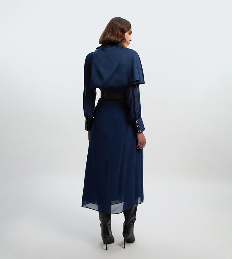 Military Sheer Cape Detail Woven Midi Dress