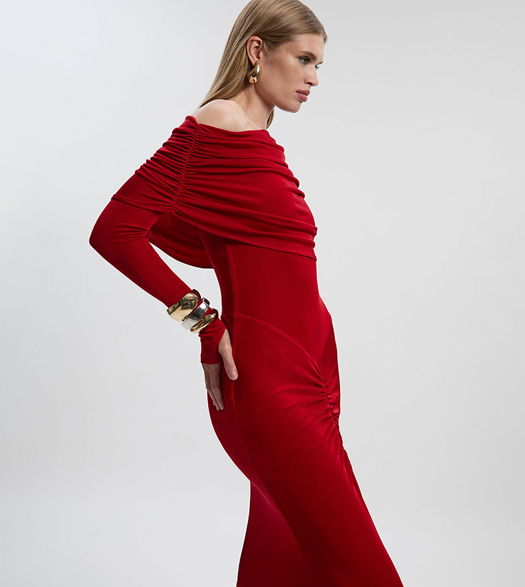 Off Shoulder Ruched Detail Fishtail Maxi Dress