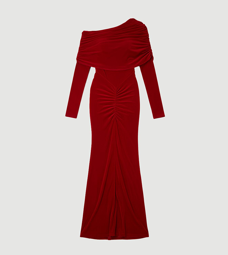 Off Shoulder Ruched Detail Fishtail Maxi Dress