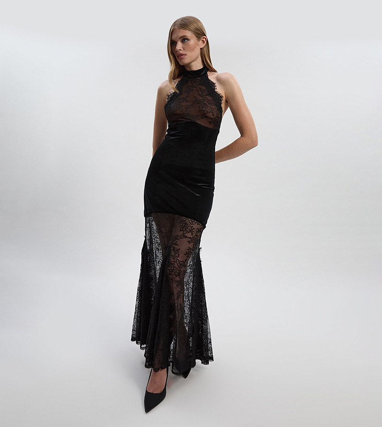 Lace with Velvet Detail Halterneck Maxi Party Dress