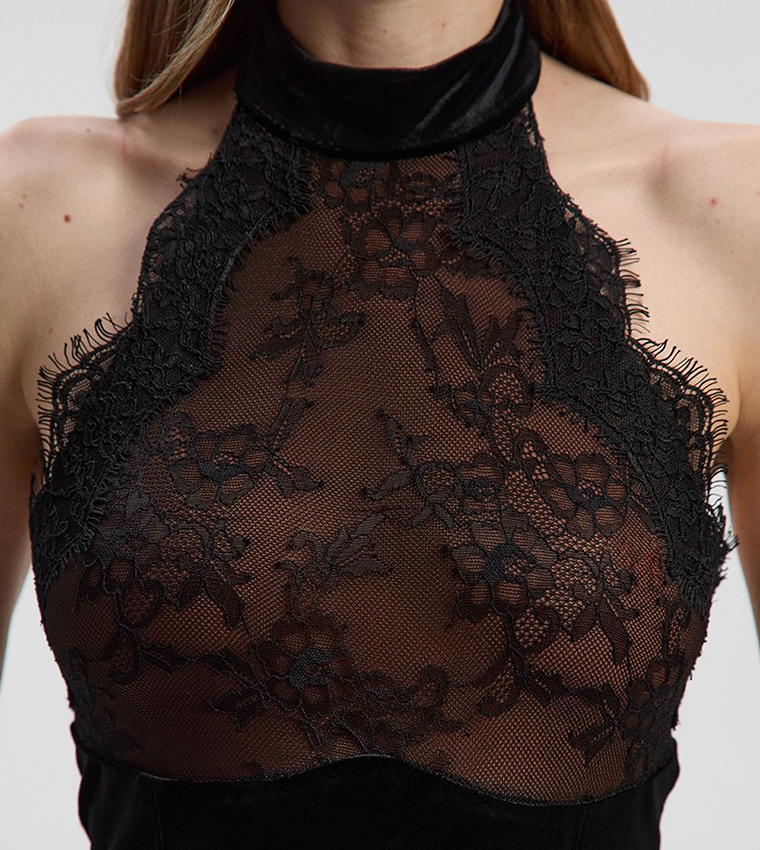 Lace with Velvet Detail Halterneck Maxi Party Dress