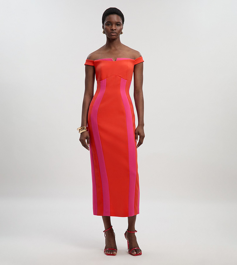 Buy Karen Millen Compact Stretch Color Block Tailored Bardot Midi Dress In  Pink | 6thStreet Bahrain