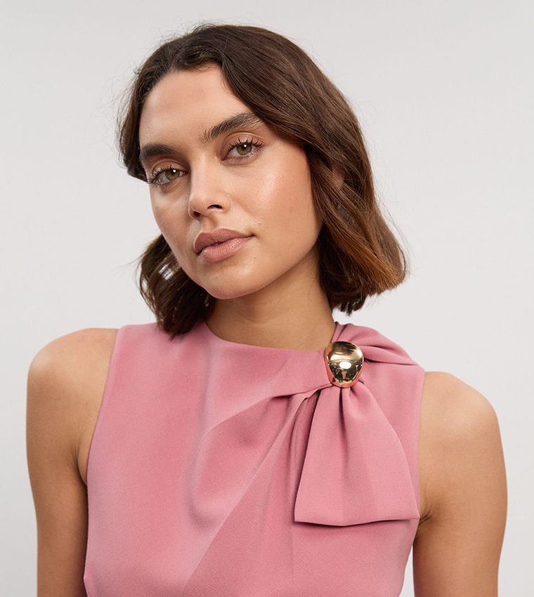 Compact Stretch Bow Tie Neck Trim Detail Midi Dress