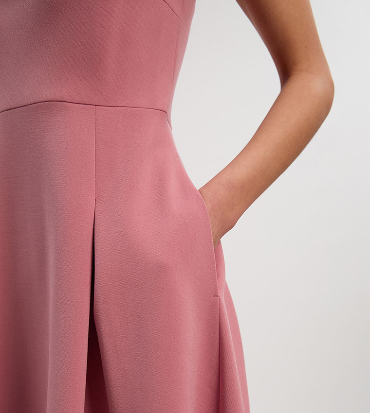 Compact Stretch Bow Tie Neck Trim Detail Midi Dress