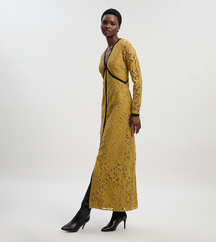 Lace with Taping Long Sleeves Woven Maxi Dress