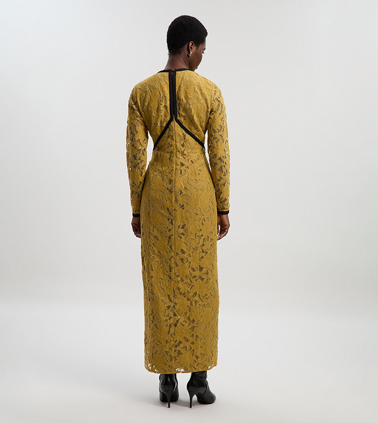 Lace with Taping Long Sleeves Woven Maxi Dress