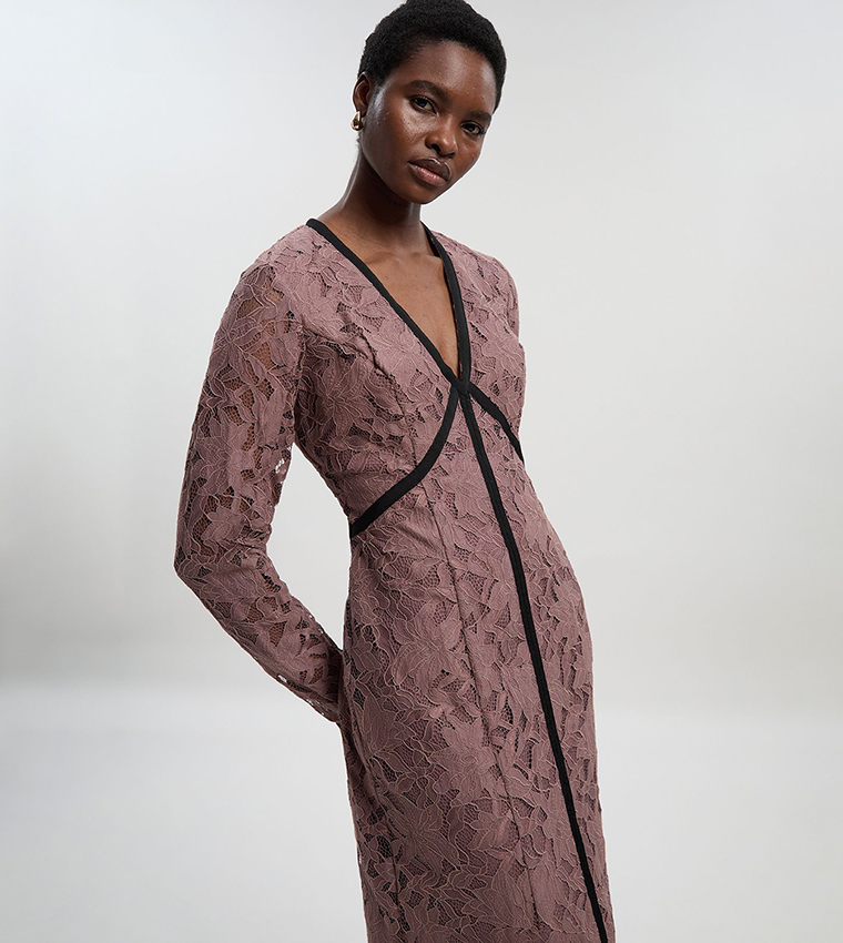 Lace with Taping Long Sleeves Woven Maxi Dress