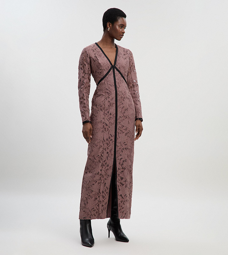 Lace with Taping Long Sleeves Woven Maxi Dress