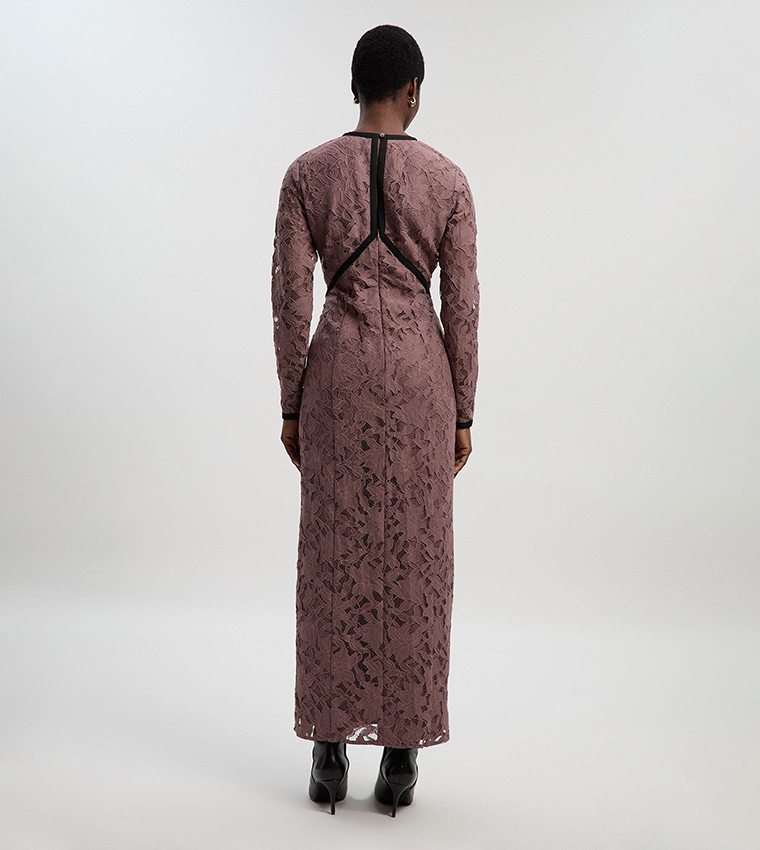 Lace with Taping Long Sleeves Woven Maxi Dress