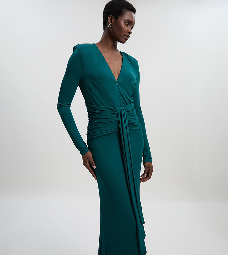 Premium Stretch Crepe Jersey V Neck Zip Detail Maxi Dress