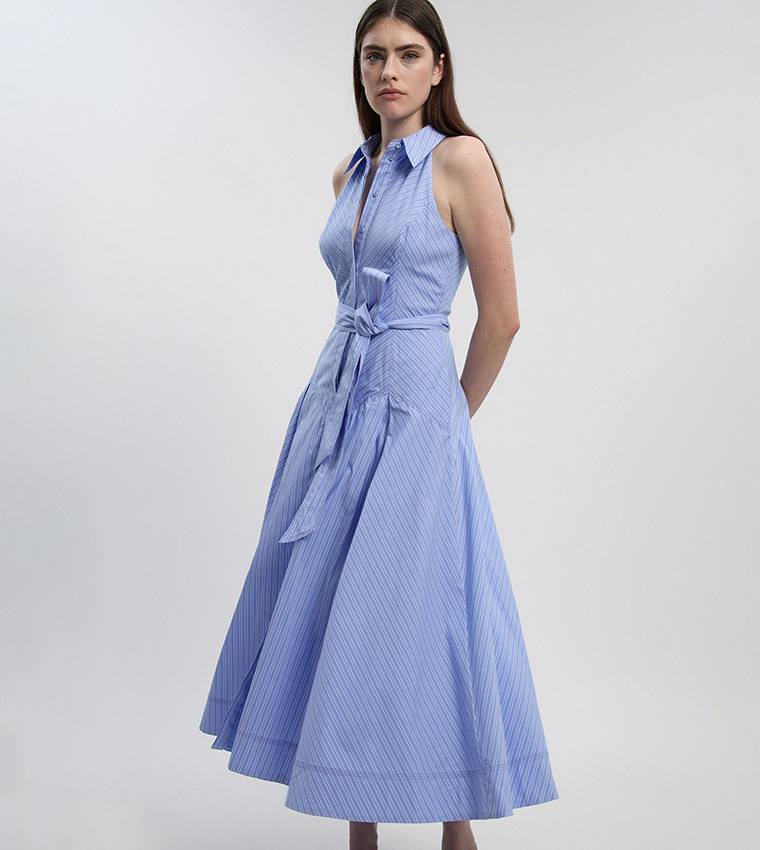 Cotton Halterneck Woven Midi Shirt Dress