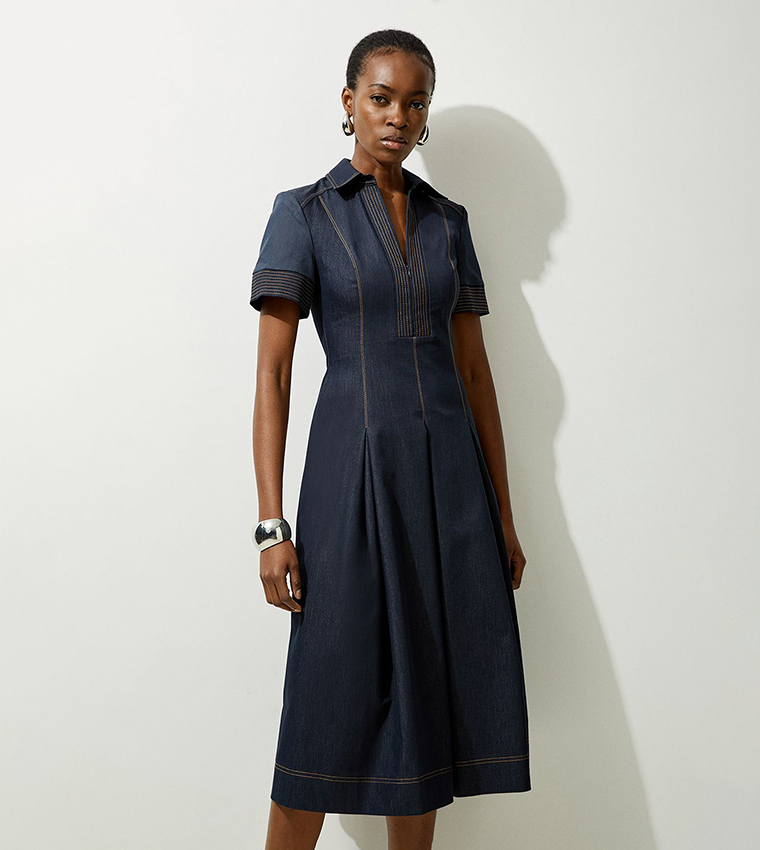 Tailored Denim Full Skirted Midi Shirt Dress
