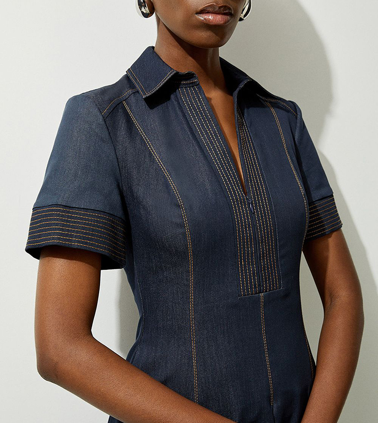 Tailored Denim Full Skirted Midi Shirt Dress