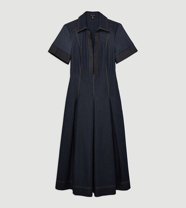 Tailored Denim Full Skirted Midi Shirt Dress