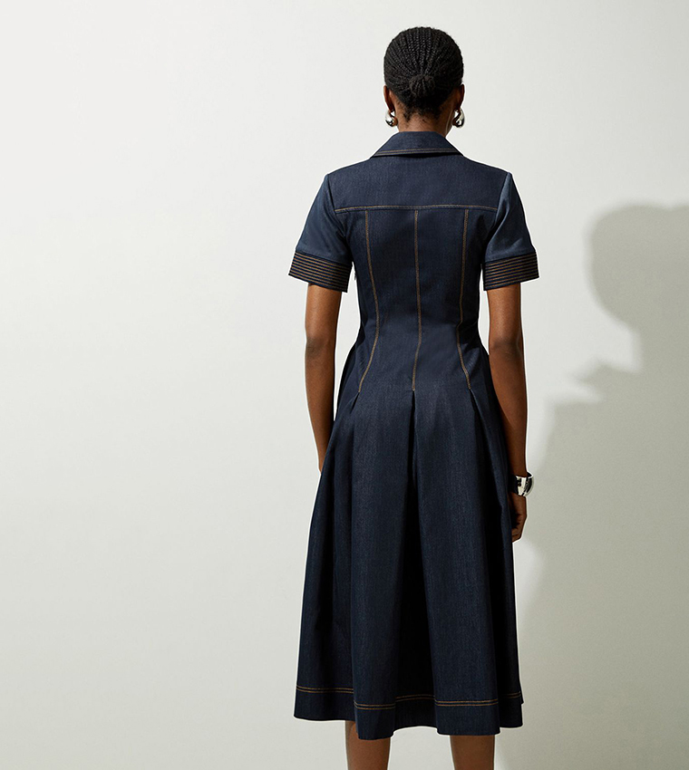 Tailored Denim Full Skirted Midi Shirt Dress
