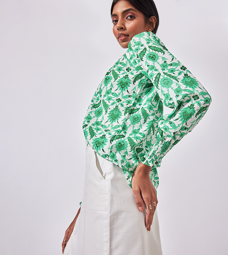 Leaf Print Smocked Long Sleeves Top