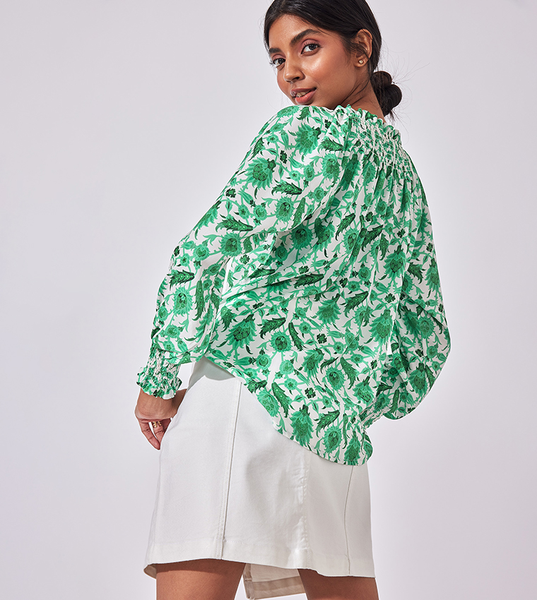 Leaf Print Smocked Long Sleeves Top