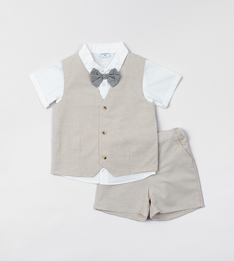 Solid Bow Tie Shirt, Vest & Shorts Set