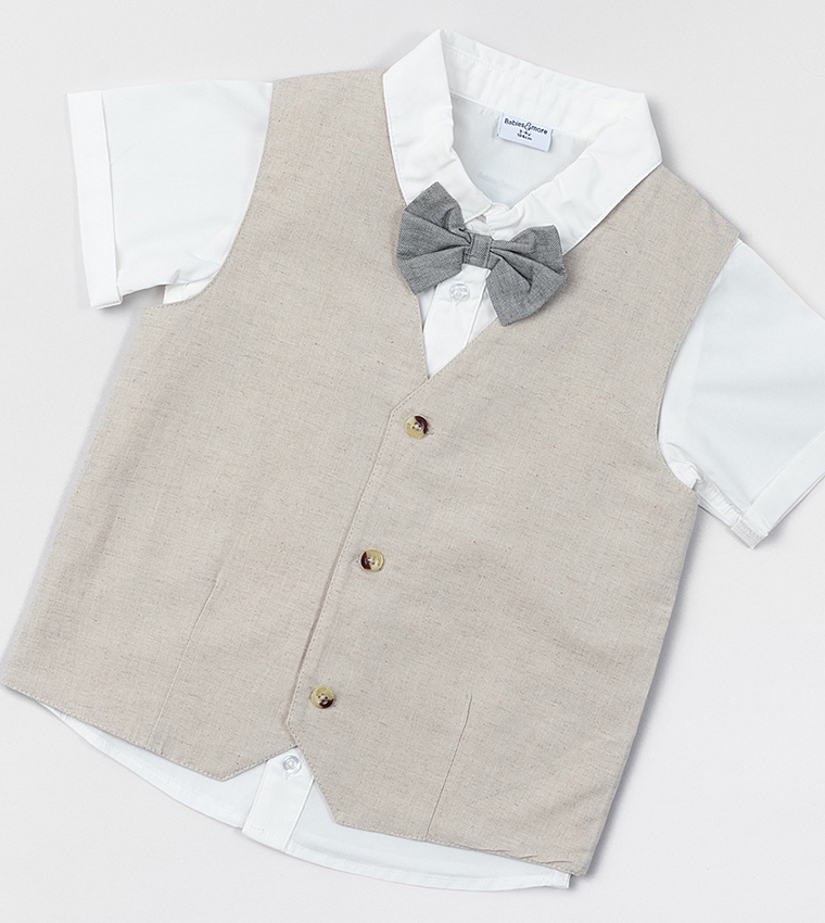 Solid Bow Tie Shirt, Vest & Shorts Set