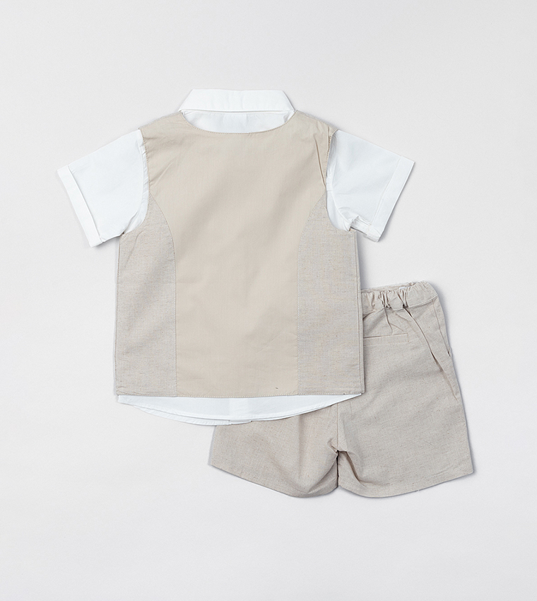 Solid Bow Tie Shirt, Vest & Shorts Set