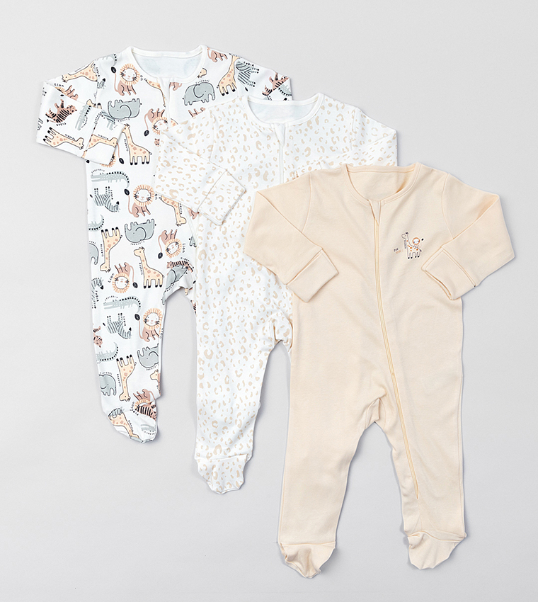 Pack of 3 Zippered Long Sleeves Sleepsuits