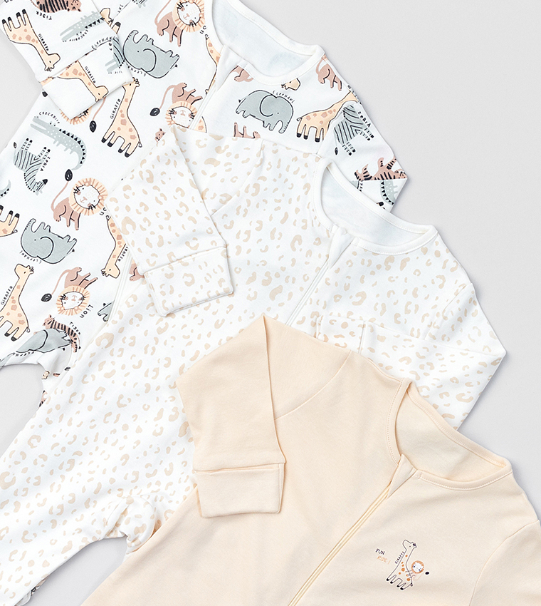 Pack of 3 Zippered Long Sleeves Sleepsuits