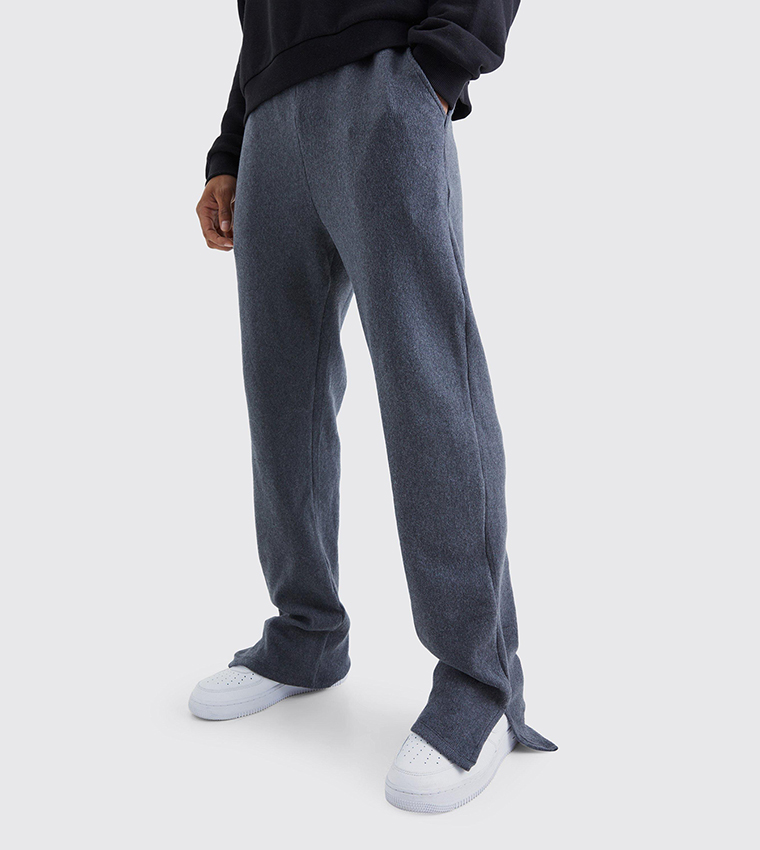 Buy BoohooMAN Brushed Ribbed Otto Relaxed Split Hem Pants In Grey