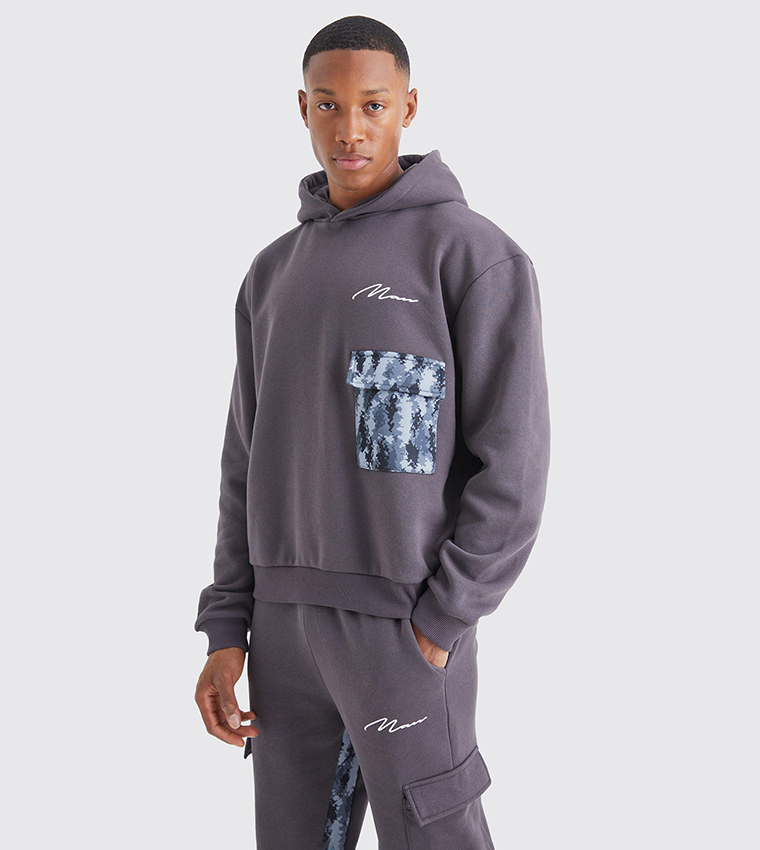 Buy BoohooMAN Signature Camo Gusset Sweatsuit Set In Grey